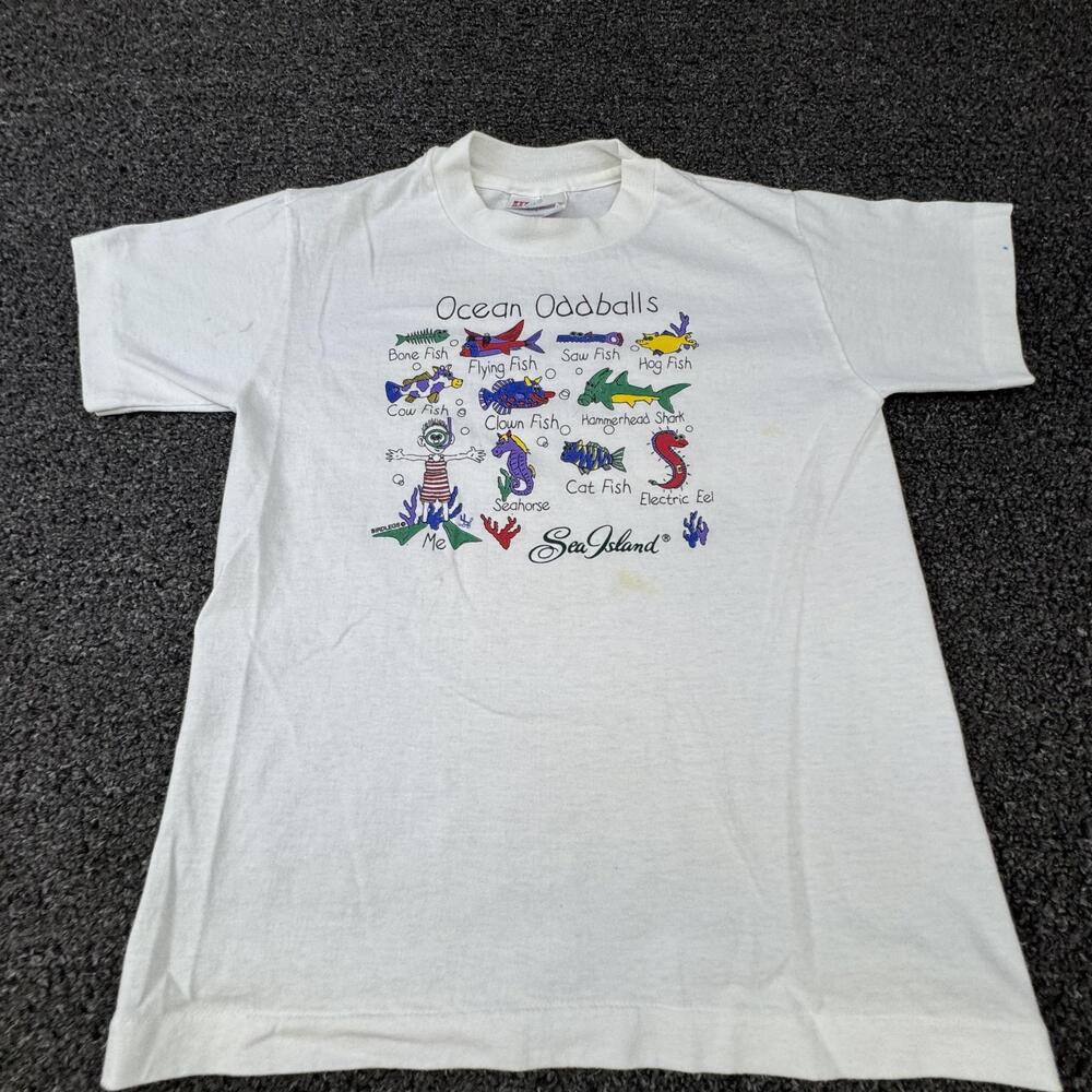 Hanes Shirt Unisex Kids M White Ocean Oddballs Sea Island Graphic Crewneck